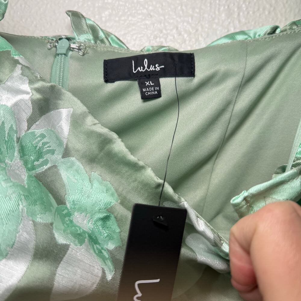 NWT Lulus Pop the Bottle Sage Green Floral Jacquard Ruffled Mini Dress Size XL - Picture 6 of 9